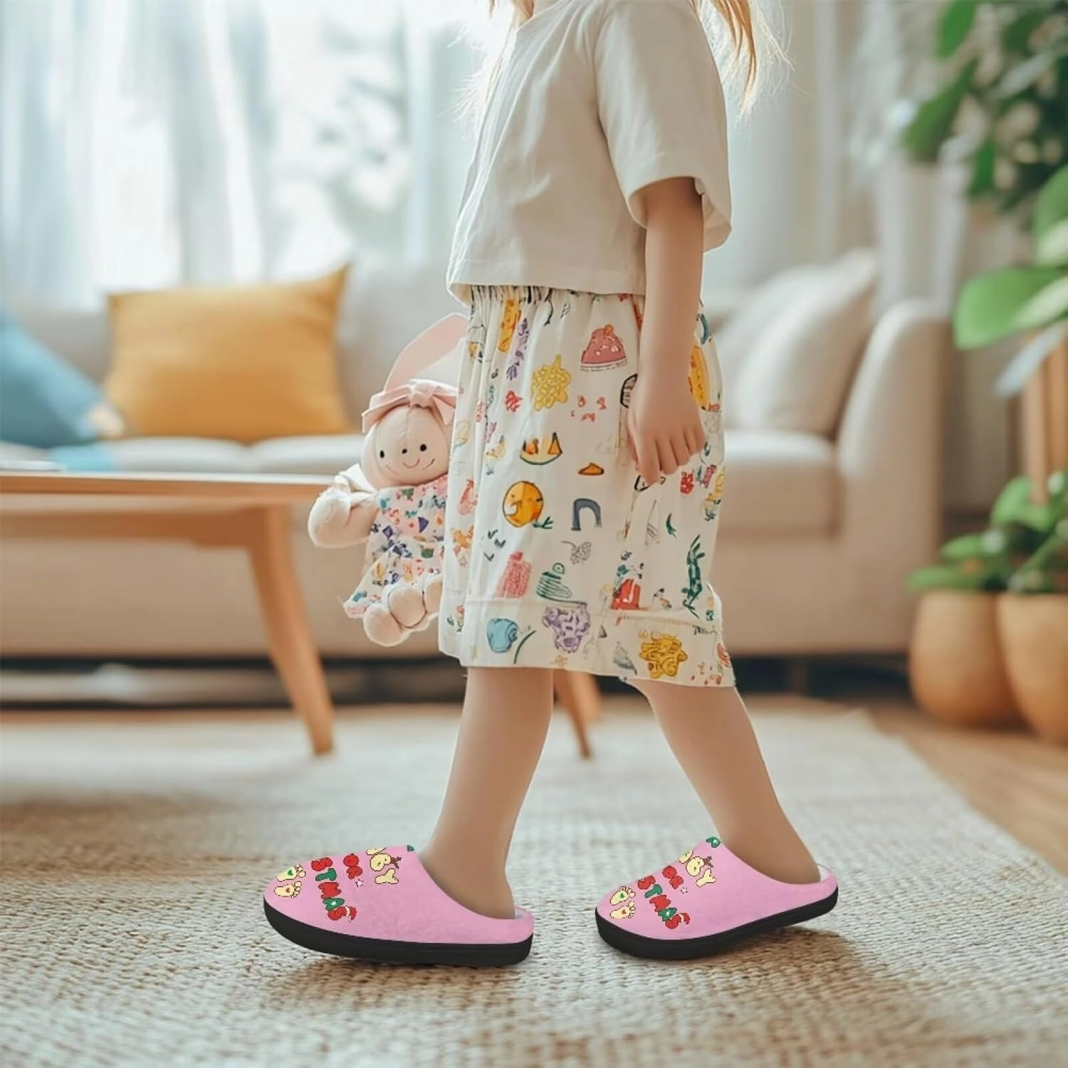 Christmas Plush Slippers for Kids Winter Warm Soft Flannel Cotton Slippers Furry Non-Slip House Outdoor Slippers for Child US 9-15