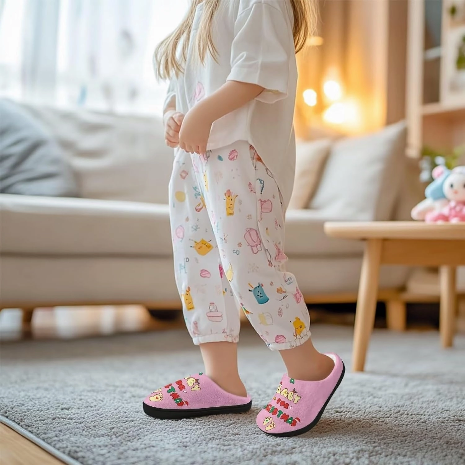 Christmas Plush Slippers for Kids Winter Warm Soft Flannel Cotton Slippers Furry Non-Slip House Outdoor Slippers for Child US 9-15