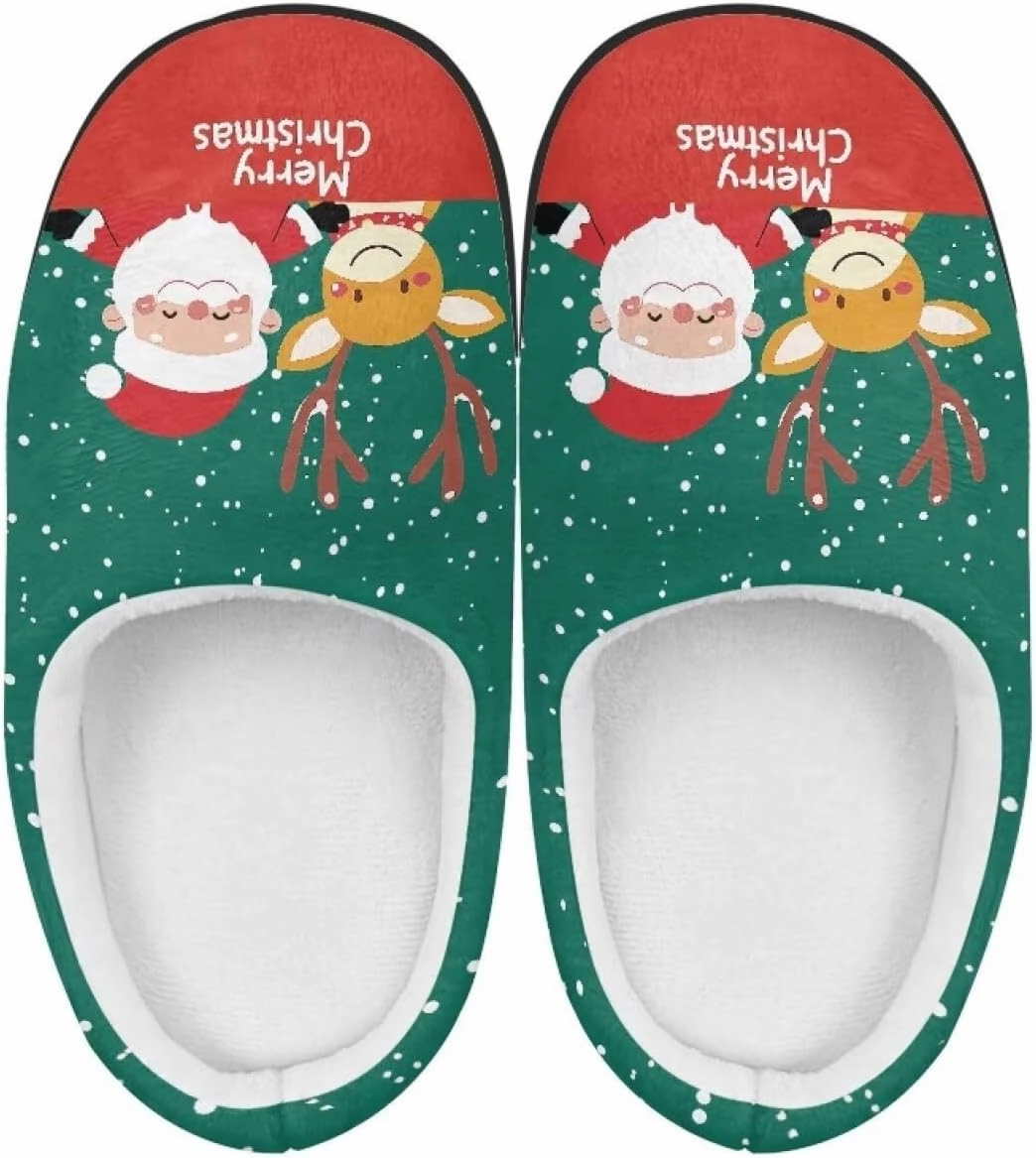 Christmas Plush Slippers for Kids Winter Warm Soft Flannel Cotton Slippers Furry Non-Slip House Outdoor Slippers for Child US 9-15
