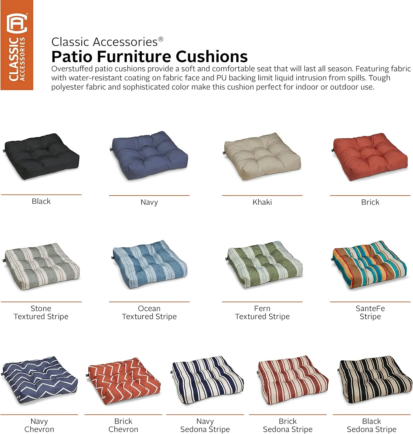 Classic Accessories Water-Resistant Square Patio Seat Cushions, 19 x 19 x 5 Inch, 2 Pack, Brick Sedona Stripe, Outdoor Seat Cushions