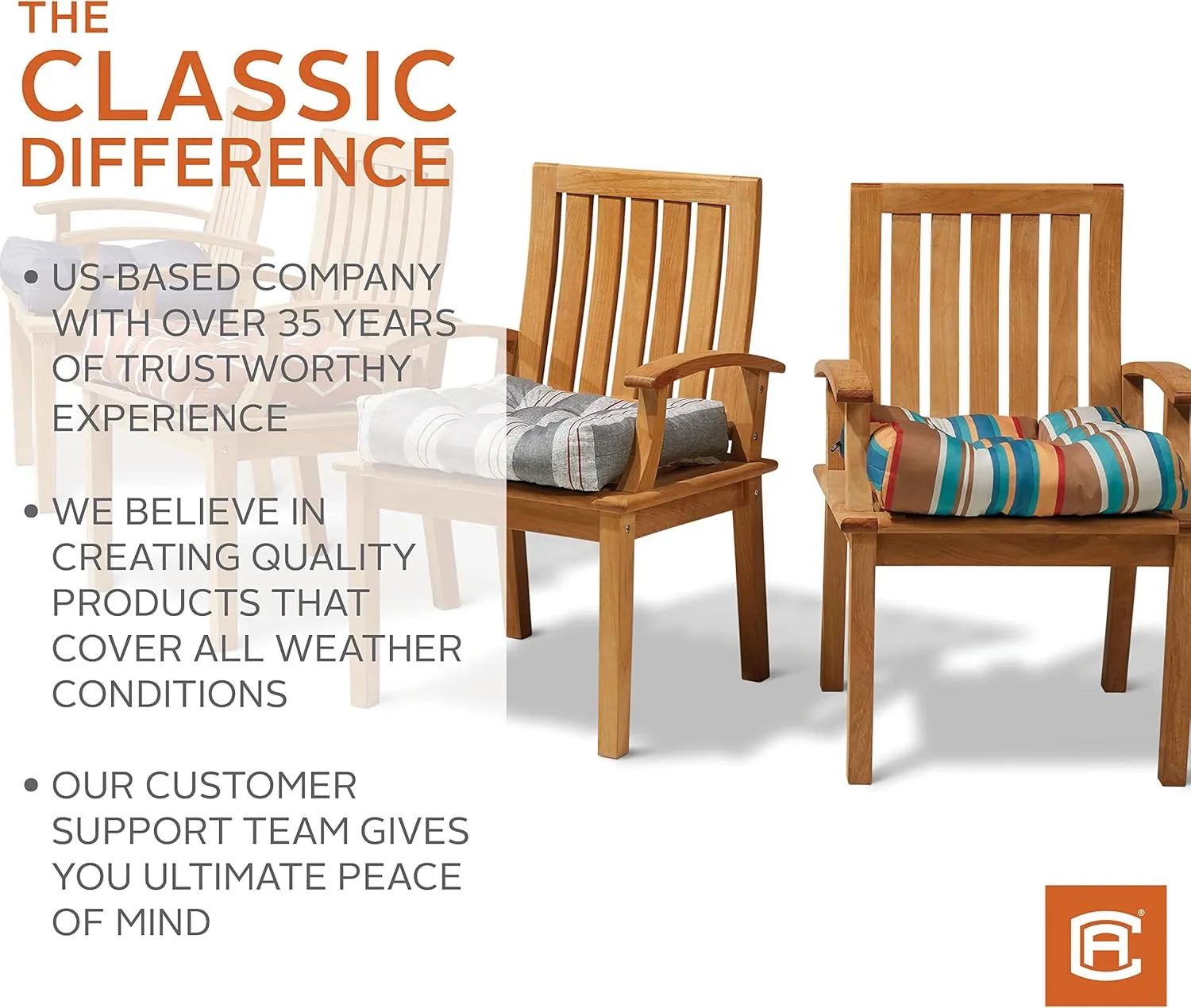Classic Accessories Water-Resistant Square Patio Seat Cushions, 19 x 19 x 5 Inch, 2 Pack, Brick Sedona Stripe, Outdoor Seat Cushions