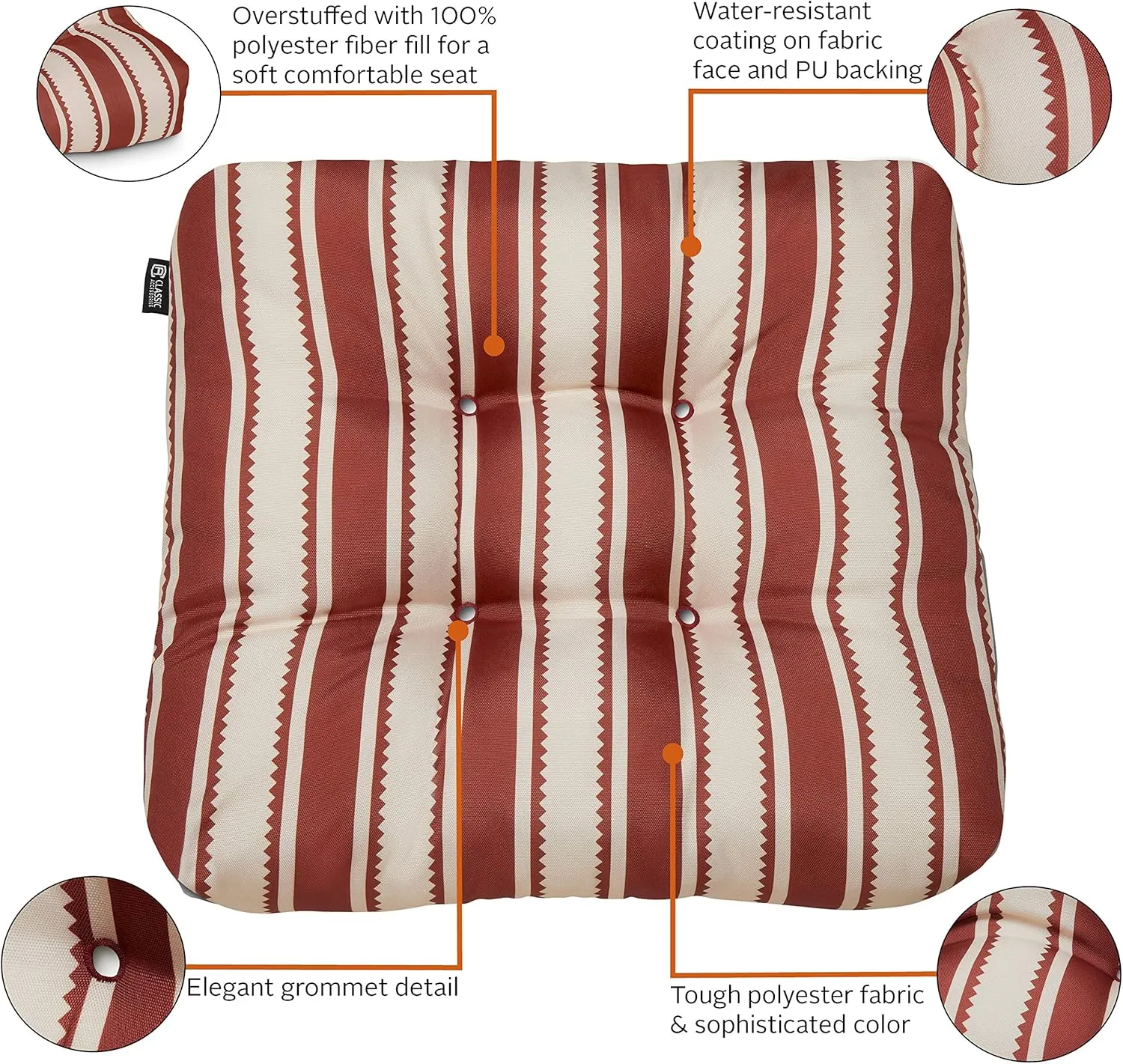 Classic Accessories Water-Resistant Square Patio Seat Cushions, 19 x 19 x 5 Inch, 2 Pack, Brick Sedona Stripe, Outdoor Seat Cushions