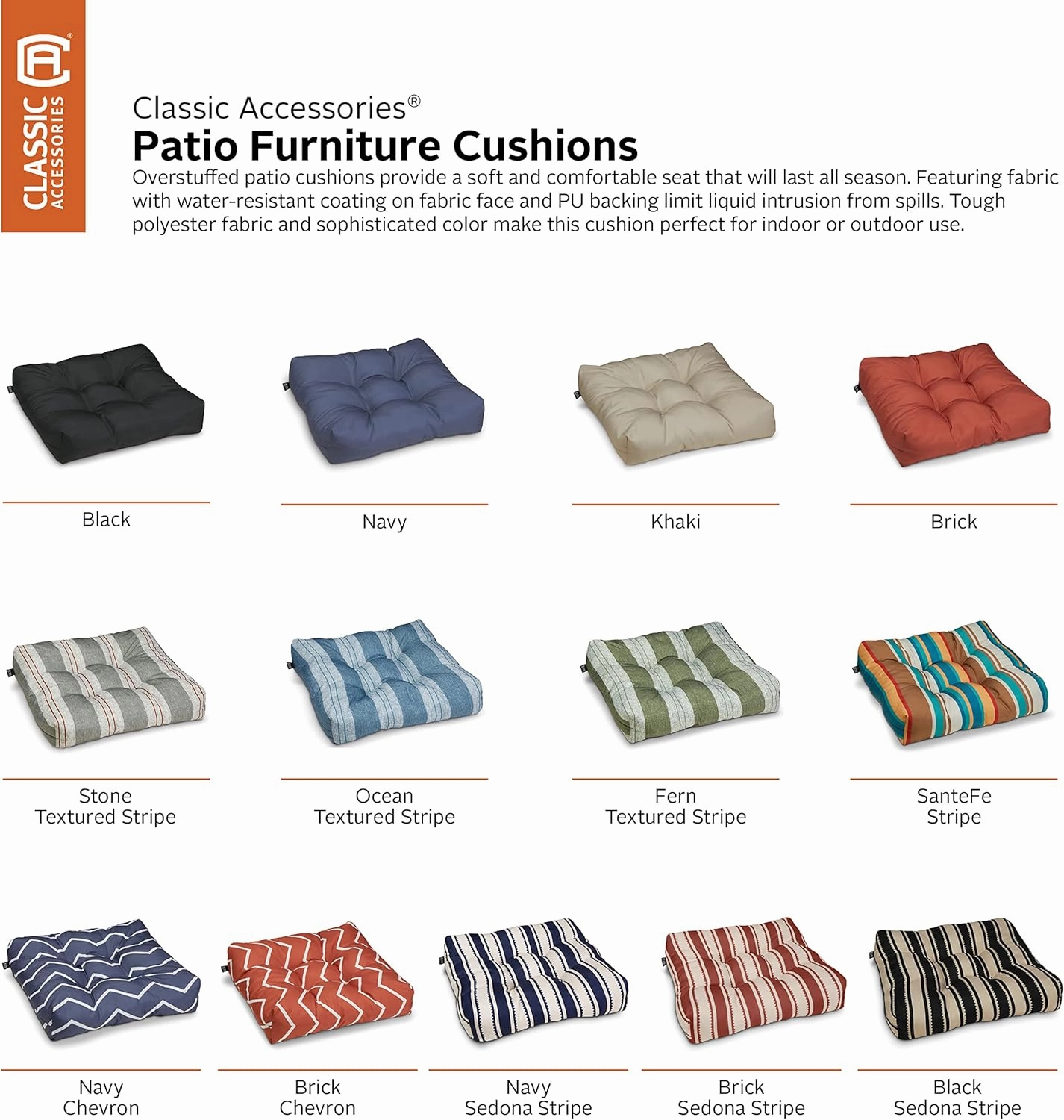 Classic Accessories Water-Resistant Square Patio Seat Cushions, 19 x 19 x 5 Inch, 2 Pack, Black, Outdoor Seat Cushions
