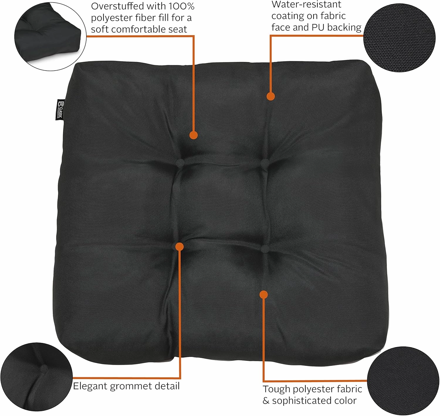 Classic Accessories Water-Resistant Square Patio Seat Cushions, 19 x 19 x 5 Inch, 2 Pack, Black, Outdoor Seat Cushions