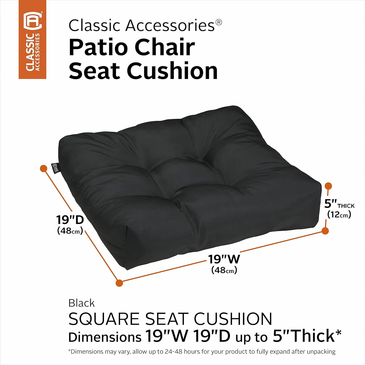 Classic Accessories Water-Resistant Square Patio Seat Cushions, 19 x 19 x 5 Inch, 2 Pack, Black, Outdoor Seat Cushions