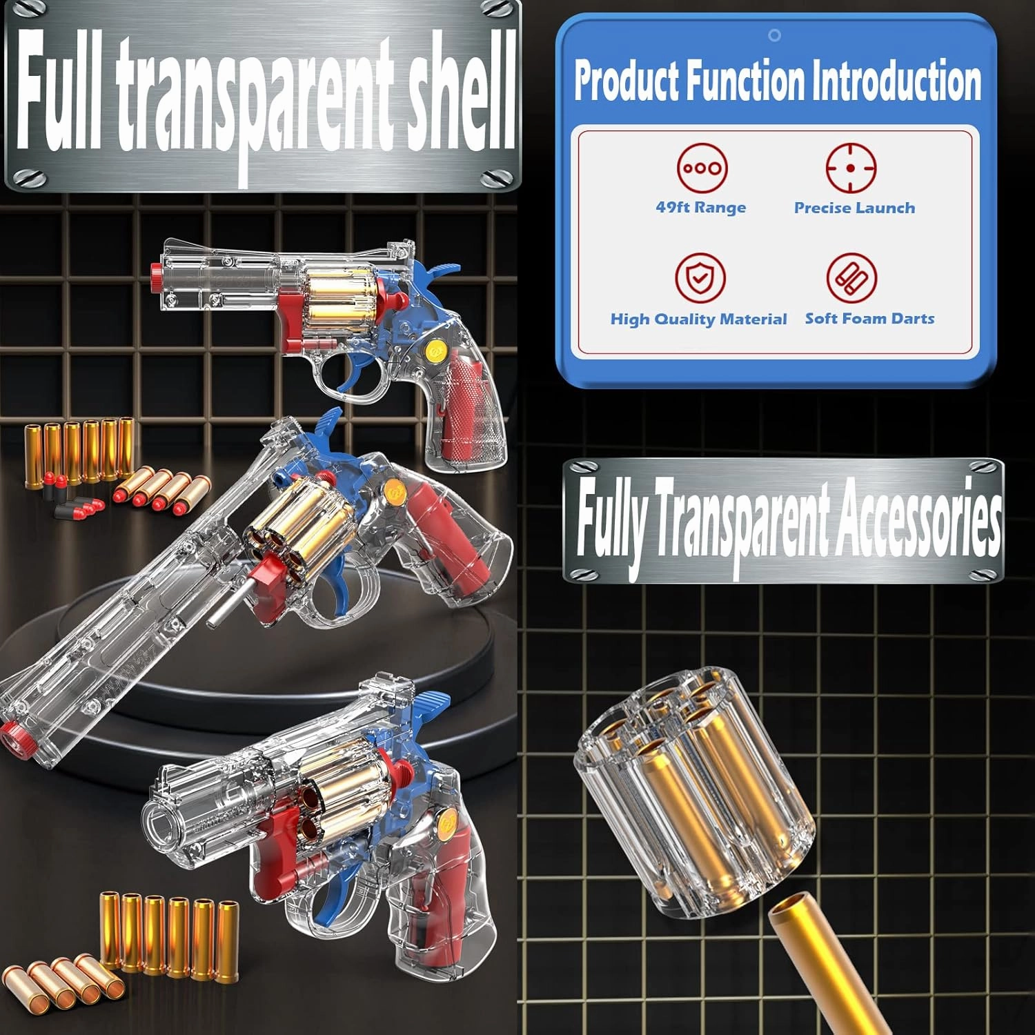 Clear Housing Toy Revolver Foam Blaster with Elite Soft Foam Darts for Nerf Guns Toys Gun Set for Kids Ages 5 6 7 8 Large