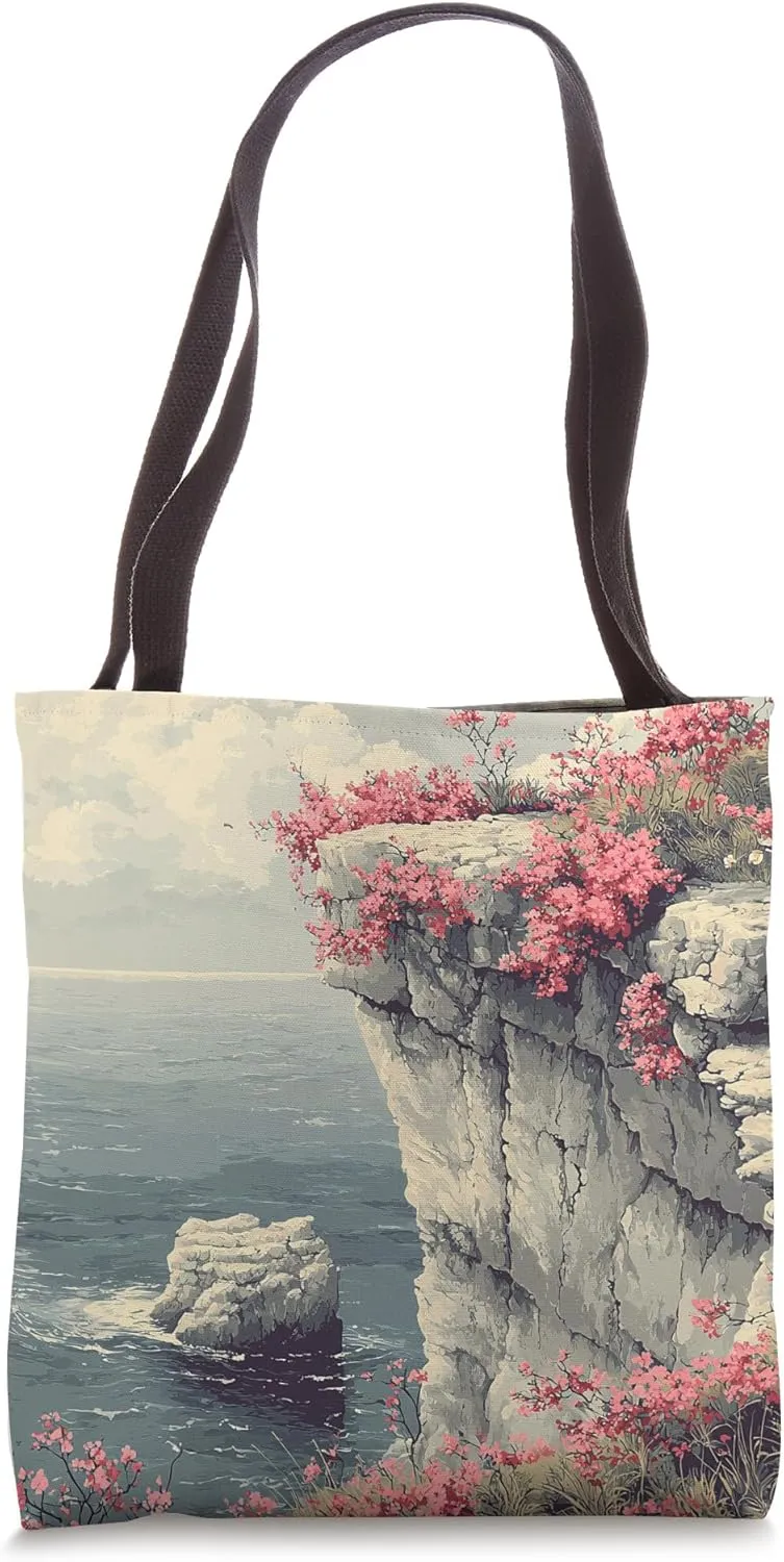 Cliffside With Flowering Shrubs Vintage Landscape Graphic Tote Bag