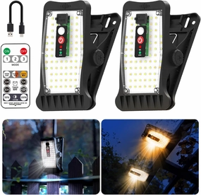 Clip On Solar Motion Lights Outdoor Waterproof with 70LED, 3 Color Temperature, USB & Remote Control, 2 Pack Portable Solar Powered Light Outside for Gutters Fence Garage Camping Yard