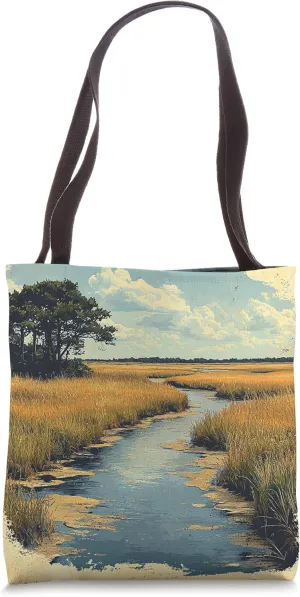 Coastal Marsh Vintage Landscape Graphic Tote Bag