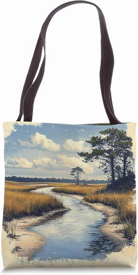 Coastal Marsh Vintage Landscape Graphic Tote Bag