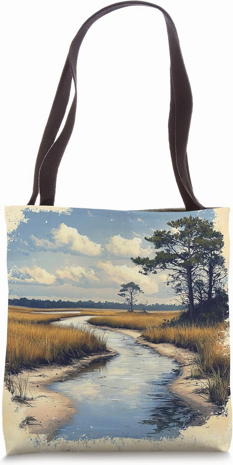 Coastal Marsh Vintage Landscape Graphic Tote Bag