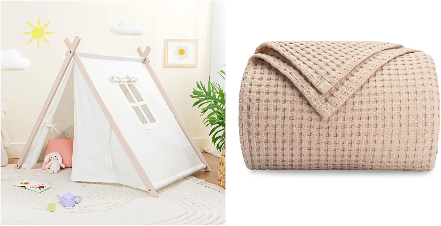 Comfy Cubs Kids Play Tent and Waffle Weave Throw Blanket Bundled - Beige