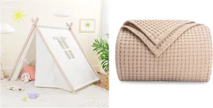 Comfy Cubs Kids Play Tent and Waffle Weave Throw Blanket Bundled - Beige