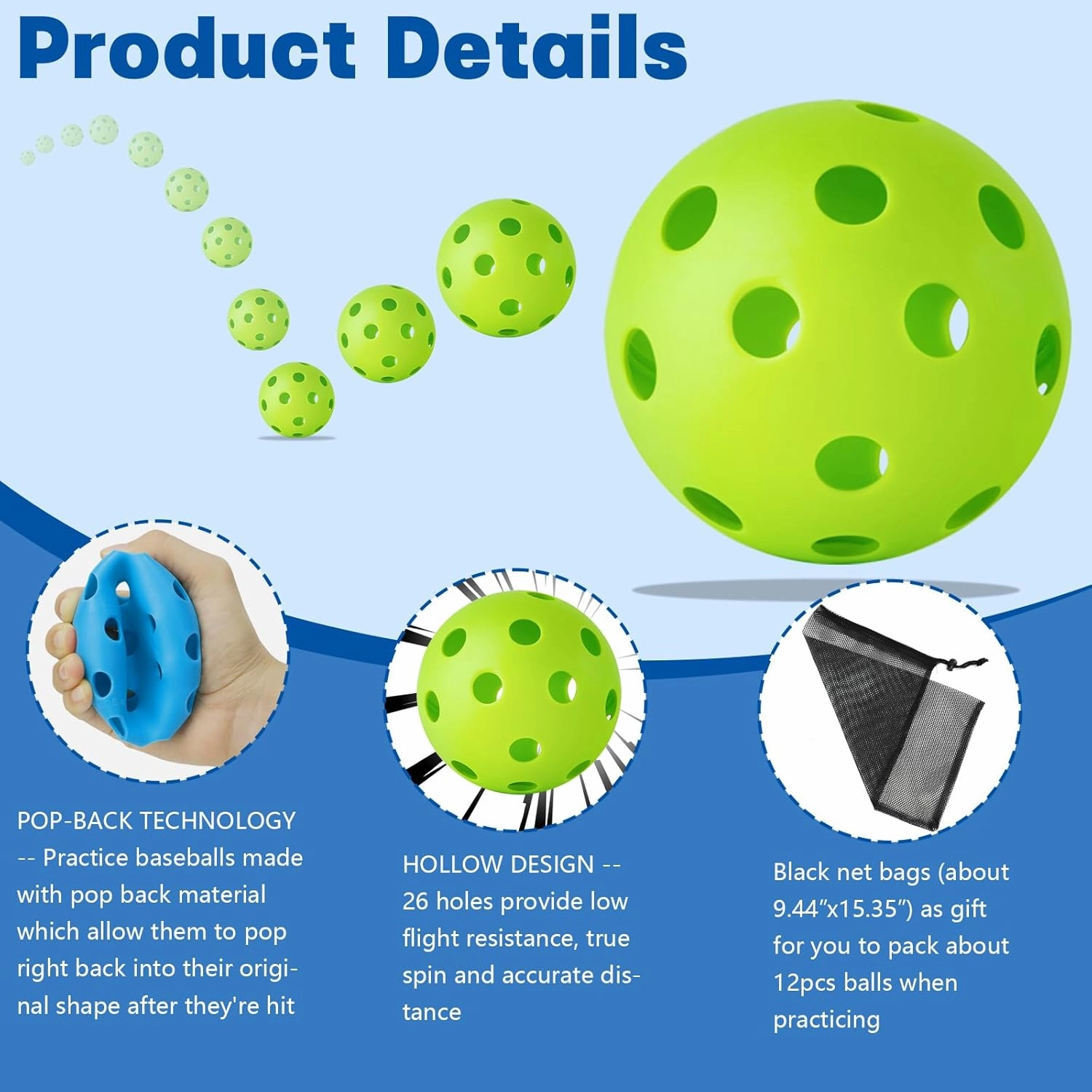 Coopay 12/100 Pack Baseball Practice Balls Plastic Training Balls Lightweight Hollow Softballs with a Drawstring Bag for Hitting, Baseball Training Indoor Outdoor Use