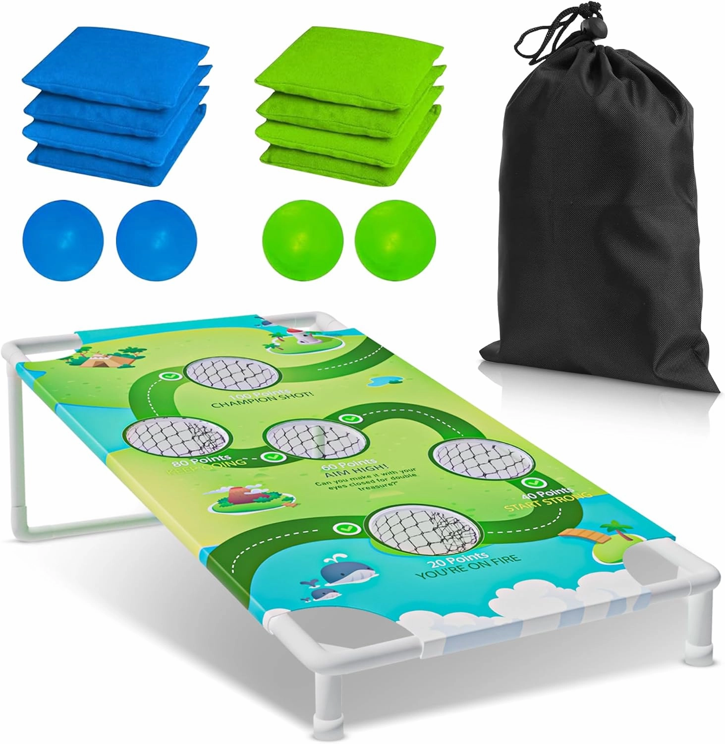 Cornhole Boards Set with 8 Bean Bags & 4 Balls – 2-in-1 Outdoor Games (Cornhole & Ball Toss) – Portable for Adults & Kids – Backyard, Beach, Tailgate, Lawn Party – Green & Blue Bags/Balls