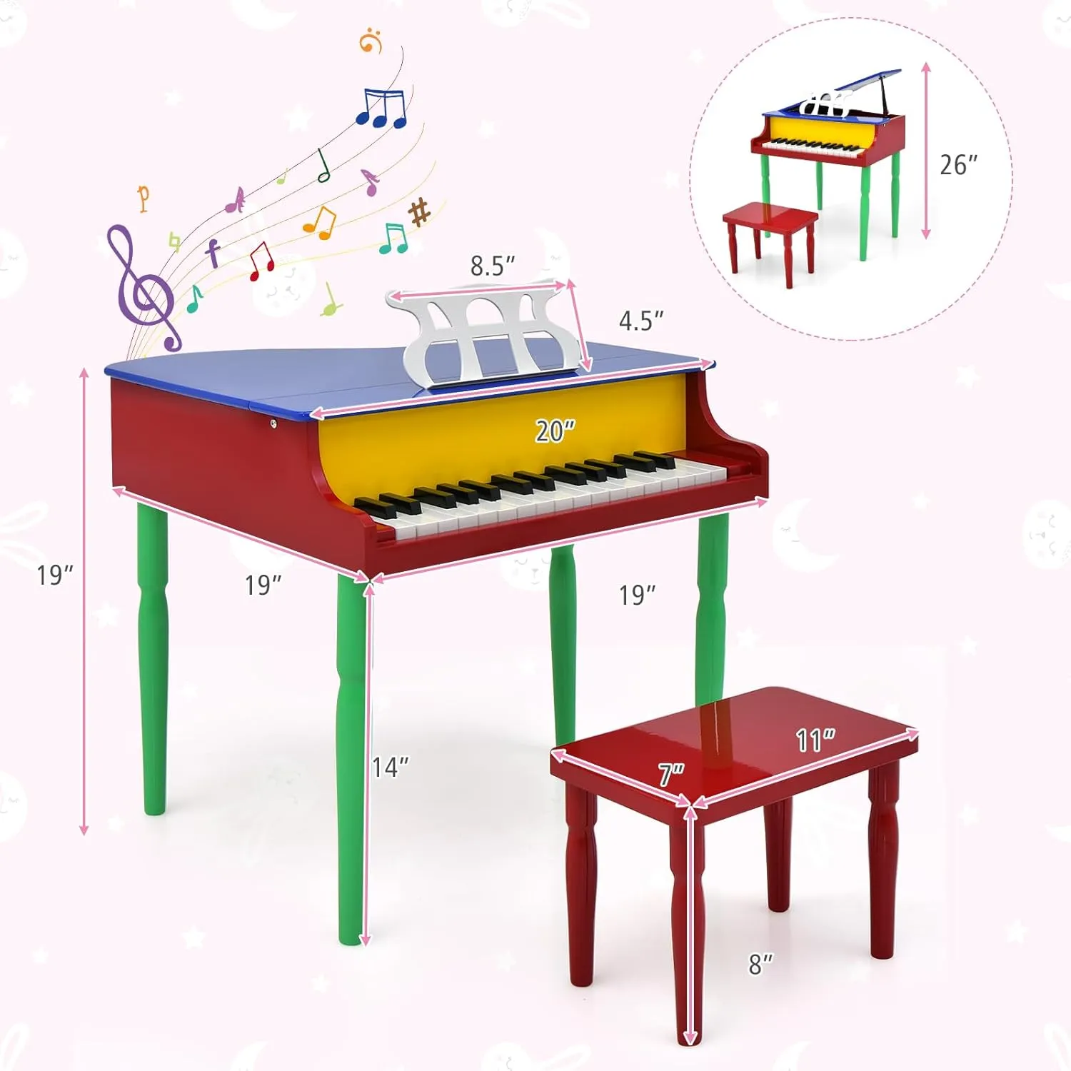 Costzon Classical Kids Piano, 30 Keys Wood Toy Grand Piano with Music Stand and Bench, Mini Musical Toy for Child, Ideal for Children's Room, Toy Room, Best Gifts (4 Straight Leg, Colorful)