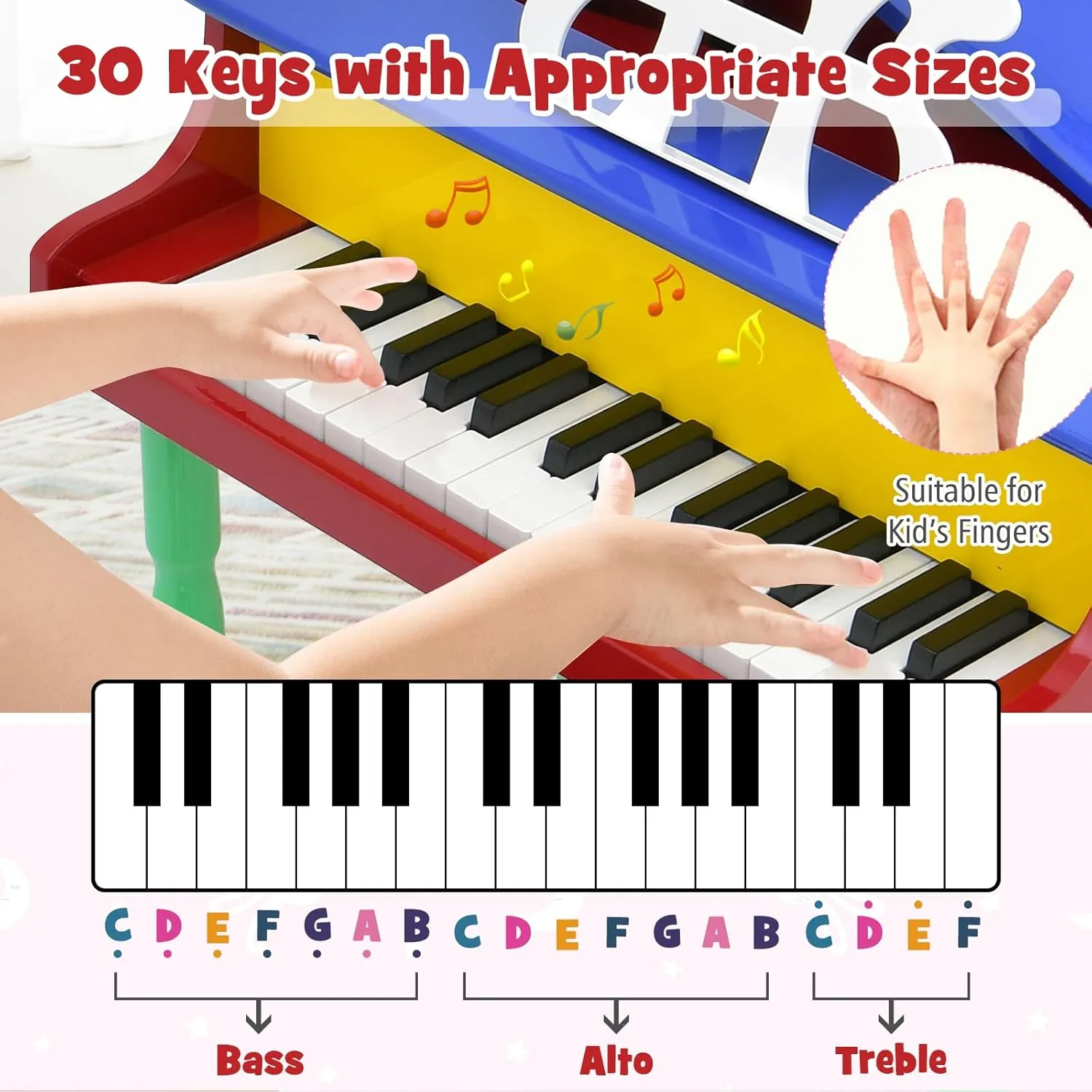 Costzon Classical Kids Piano, 30 Keys Wood Toy Grand Piano with Music Stand and Bench, Mini Musical Toy for Child, Ideal for Children's Room, Toy Room, Best Gifts (4 Straight Leg, Colorful)
