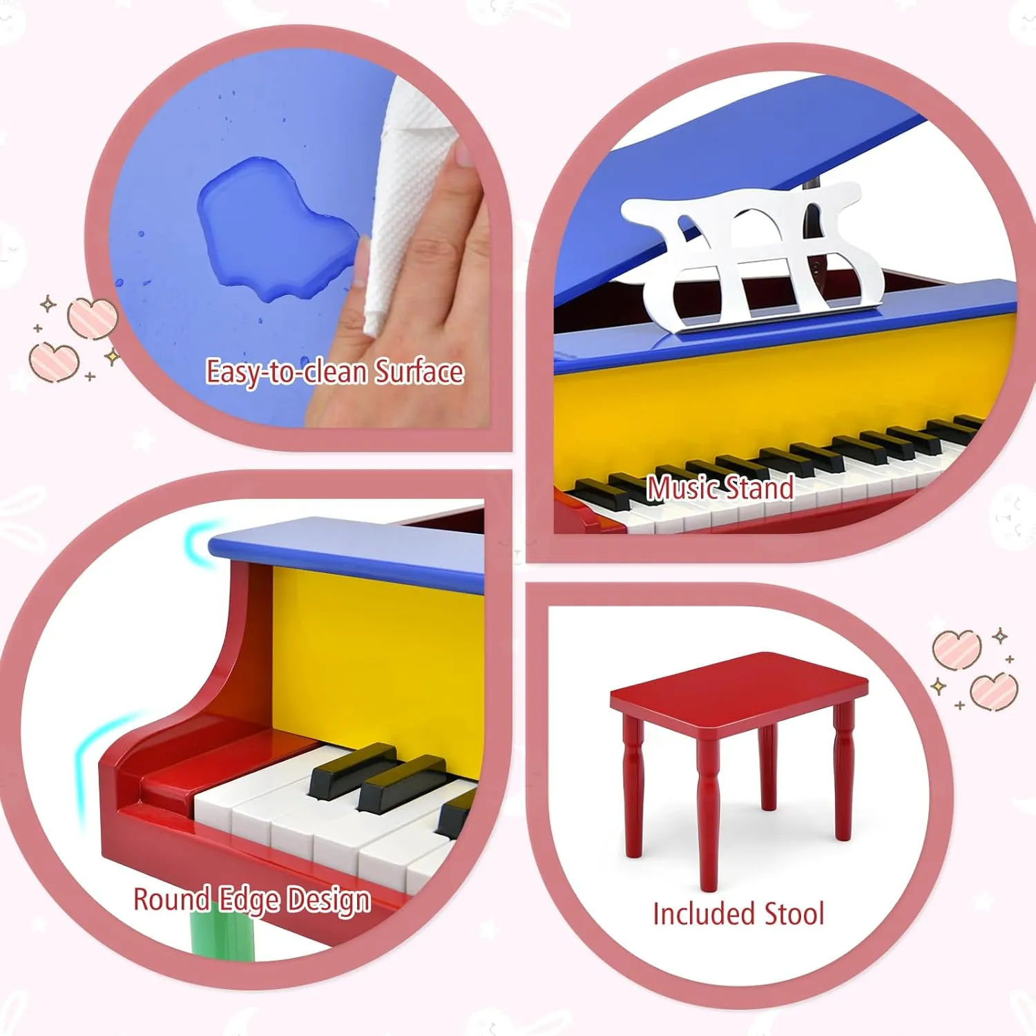 Costzon Classical Kids Piano, 30 Keys Wood Toy Grand Piano with Music Stand and Bench, Mini Musical Toy for Child, Ideal for Children's Room, Toy Room, Best Gifts (4 Straight Leg, Colorful)