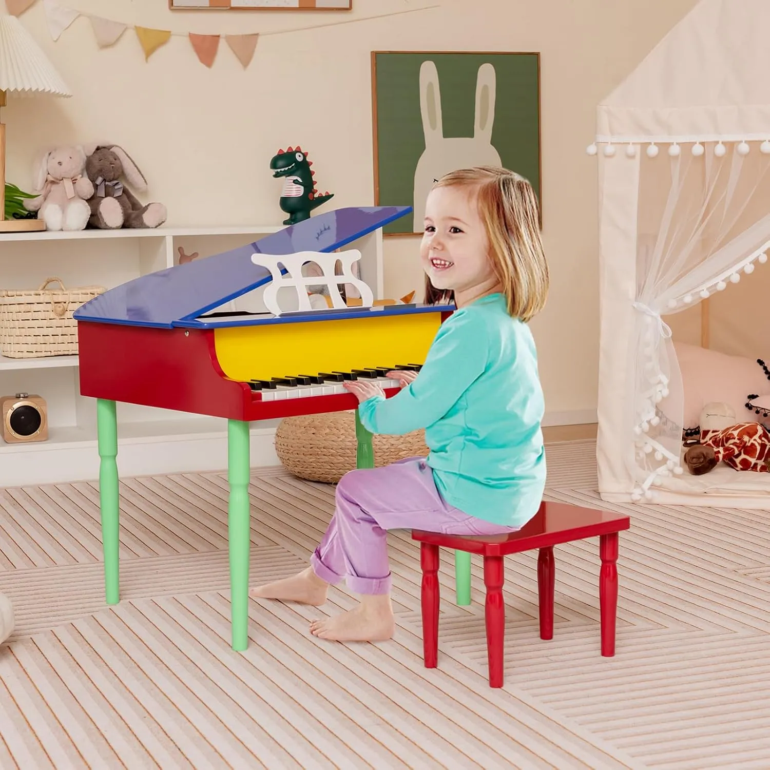 Costzon Classical Kids Piano, 30 Keys Wood Toy Grand Piano with Music Stand and Bench, Mini Musical Toy for Child, Ideal for Children's Room, Toy Room, Best Gifts (4 Straight Leg, Colorful)