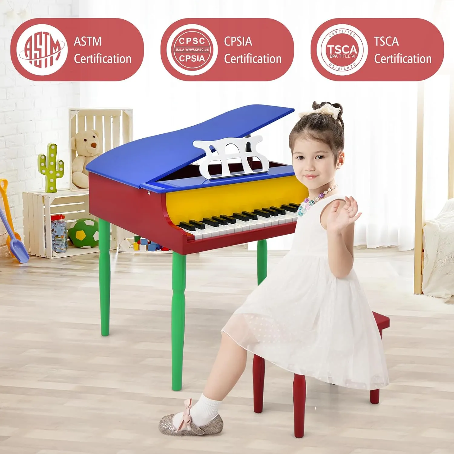 Costzon Classical Kids Piano, 30 Keys Wood Toy Grand Piano with Music Stand and Bench, Mini Musical Toy for Child, Ideal for Children's Room, Toy Room, Best Gifts (4 Straight Leg, Colorful)