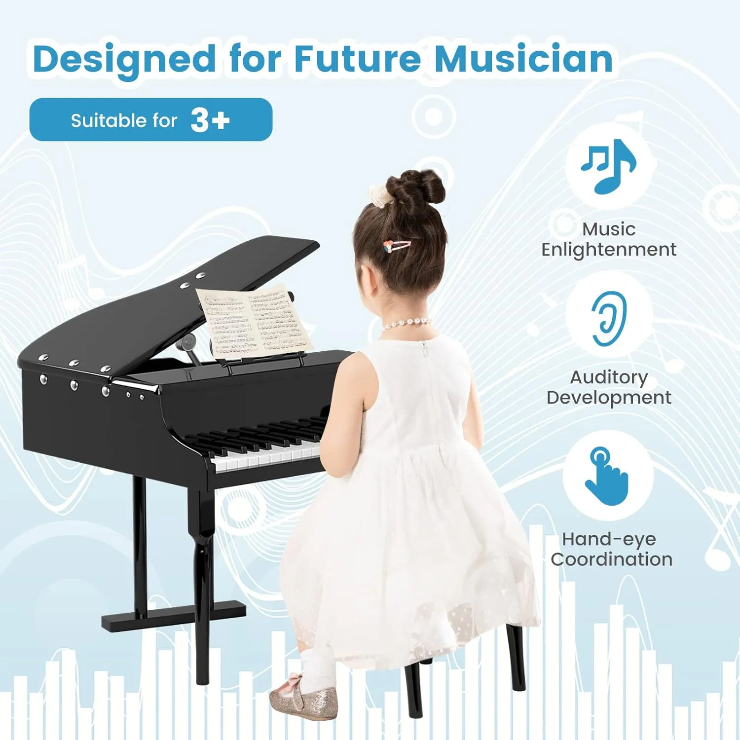 Costzon Classical Kids Piano, 30 Keys Wood Toy Grand Piano with Music Stand and Bench, Mini Musical Toy for Child, Ideal for Children's Room, Toy Room, Best Gifts (Straight Leg, Black)
