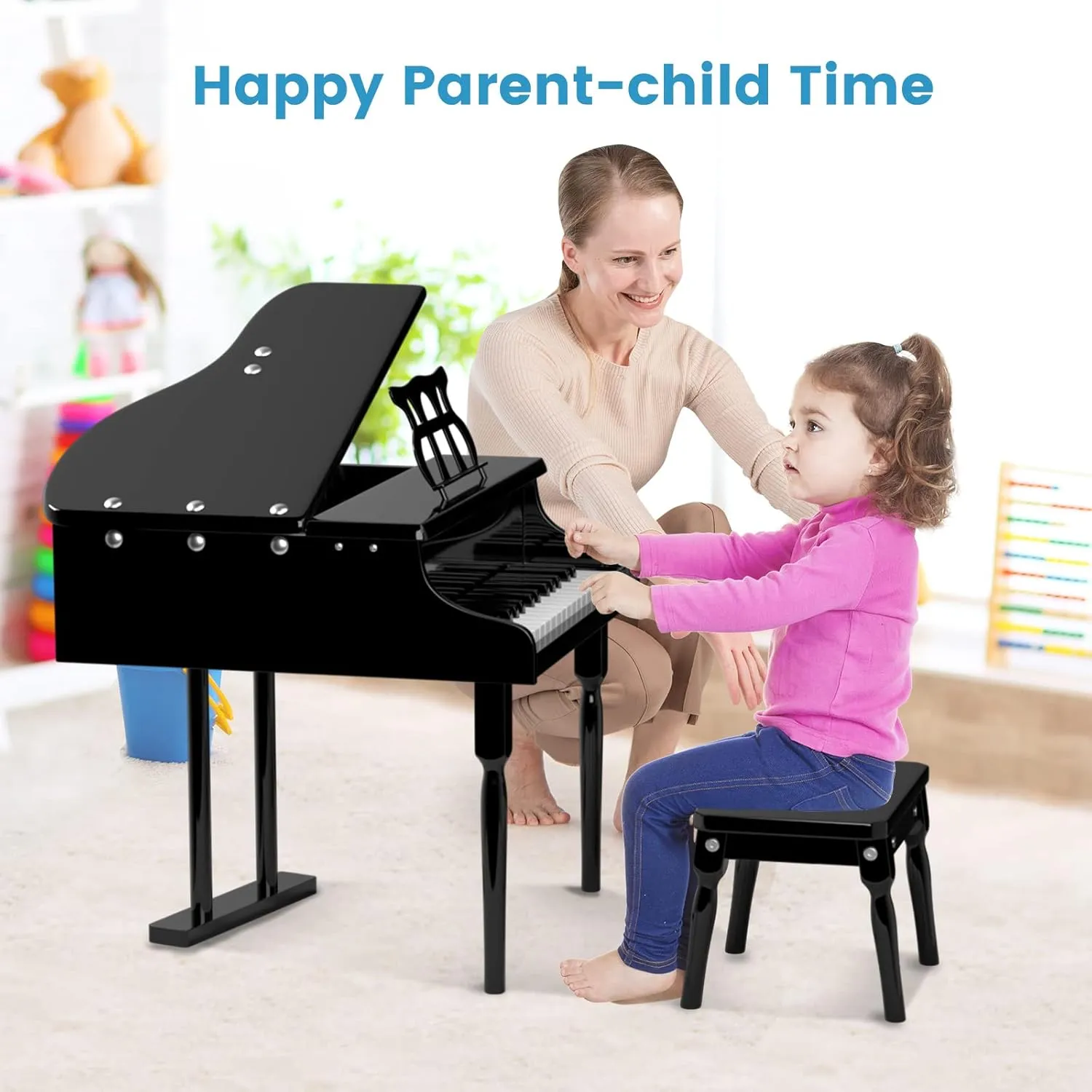 Costzon Classical Kids Piano, 30 Keys Wood Toy Grand Piano with Music Stand and Bench, Mini Musical Toy for Child, Ideal for Children's Room, Toy Room, Best Gifts (Straight Leg, Black)