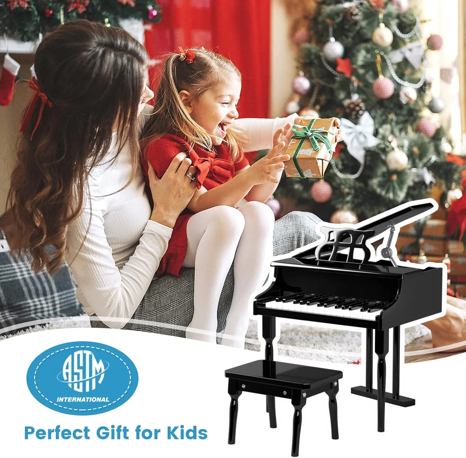 Costzon Classical Kids Piano, 30 Keys Wood Toy Grand Piano with Music Stand and Bench, Mini Musical Toy for Child, Ideal for Children's Room, Toy Room, Best Gifts (Straight Leg, Black)