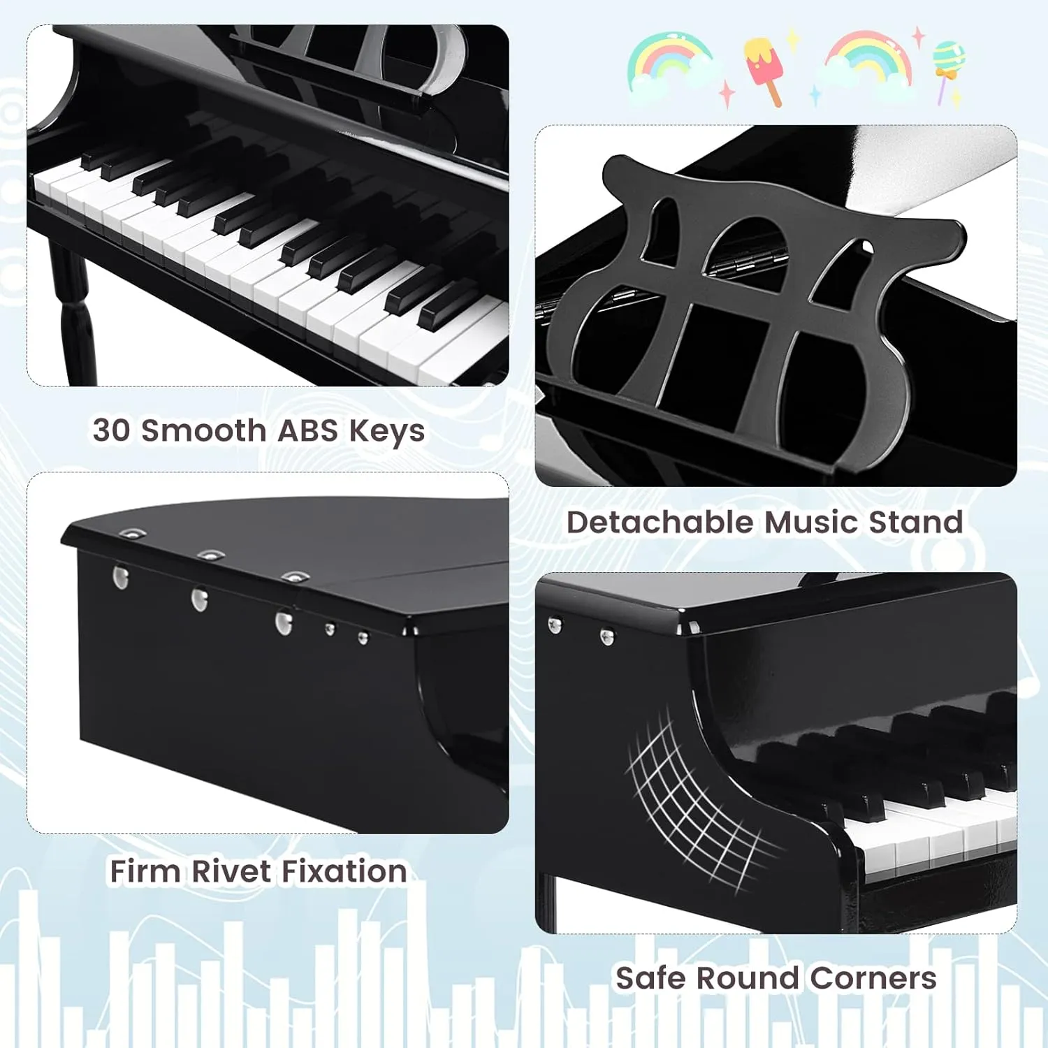 Costzon Classical Kids Piano, 30 Keys Wood Toy Grand Piano with Music Stand and Bench, Mini Musical Toy for Child, Ideal for Children's Room, Toy Room, Best Gifts (Straight Leg, Black)