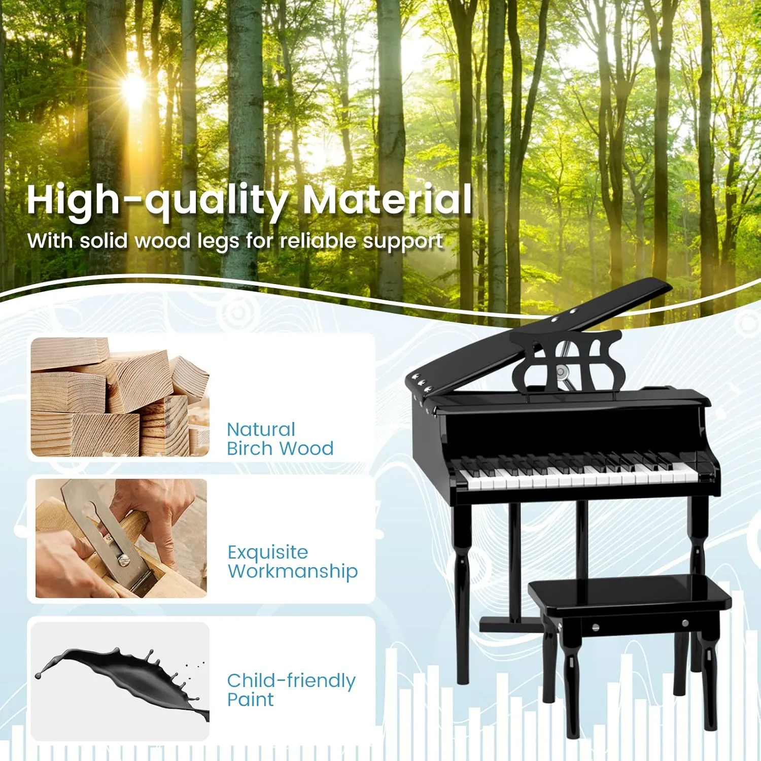 Costzon Classical Kids Piano, 30 Keys Wood Toy Grand Piano with Music Stand and Bench, Mini Musical Toy for Child, Ideal for Children's Room, Toy Room, Best Gifts (Straight Leg, Black)