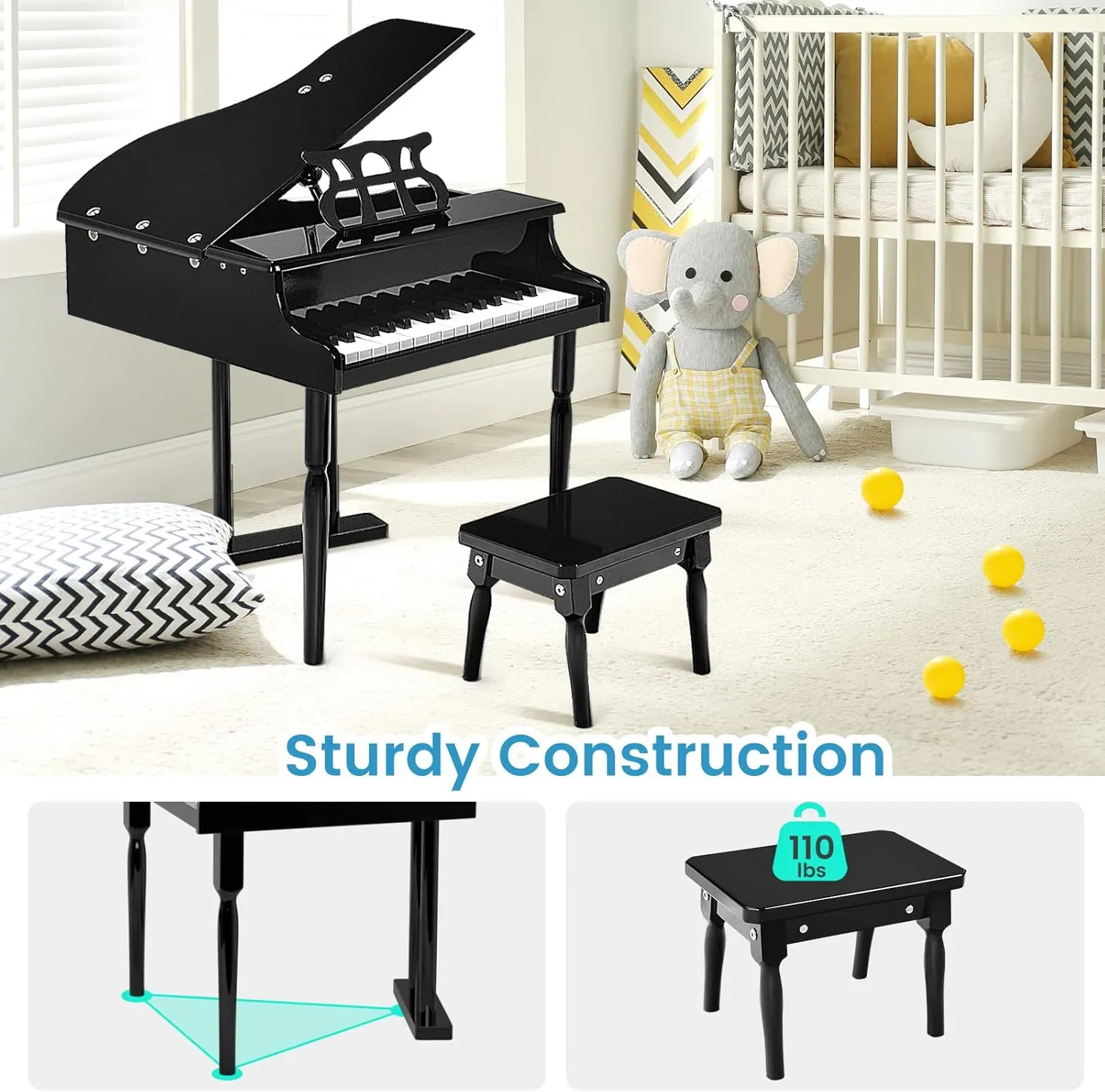Costzon Classical Kids Piano, 30 Keys Wood Toy Grand Piano with Music Stand and Bench, Mini Musical Toy for Child, Ideal for Children's Room, Toy Room, Best Gifts (Straight Leg, Black)
