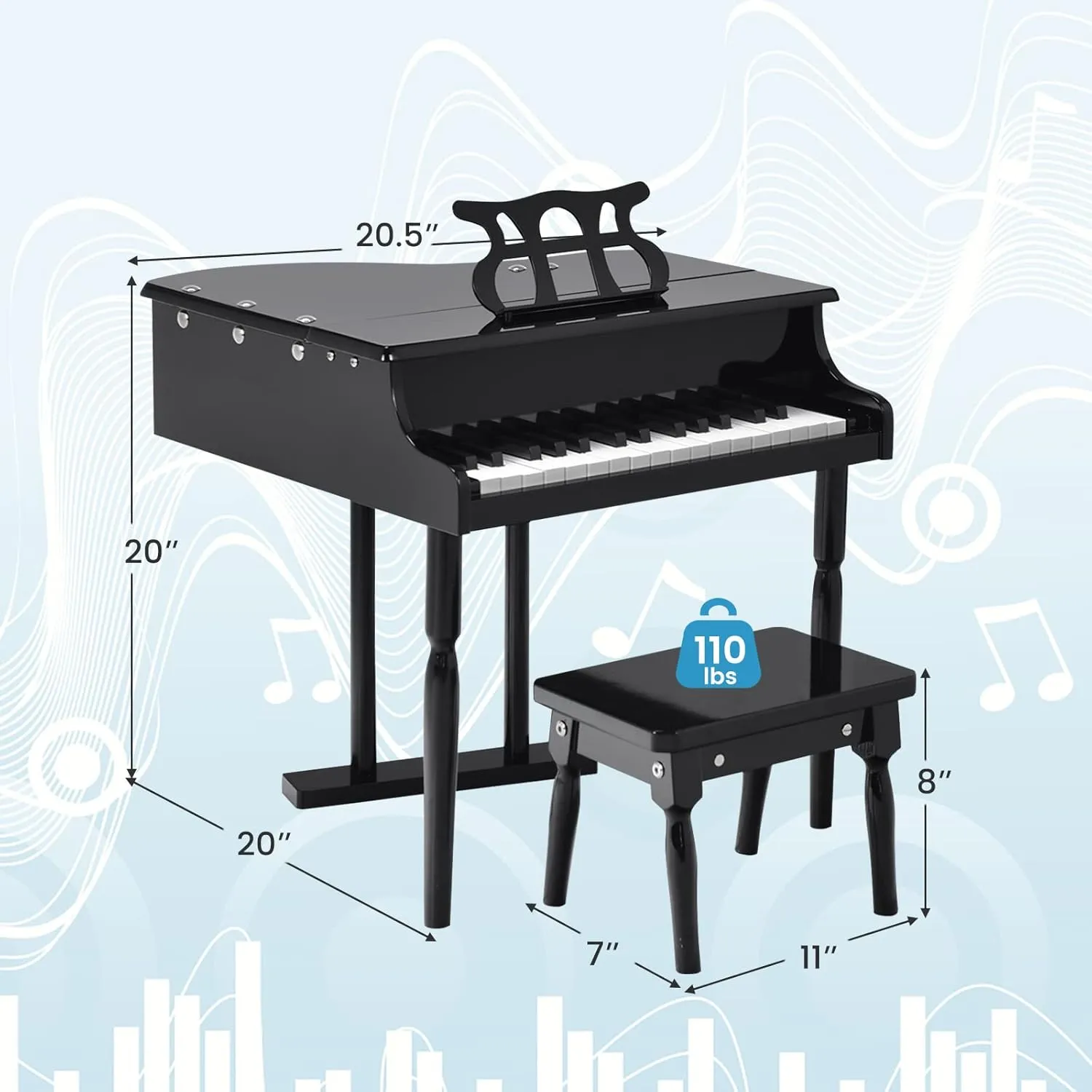 Costzon Classical Kids Piano, 30 Keys Wood Toy Grand Piano with Music Stand and Bench, Mini Musical Toy for Child, Ideal for Children's Room, Toy Room, Best Gifts (Straight Leg, Black)