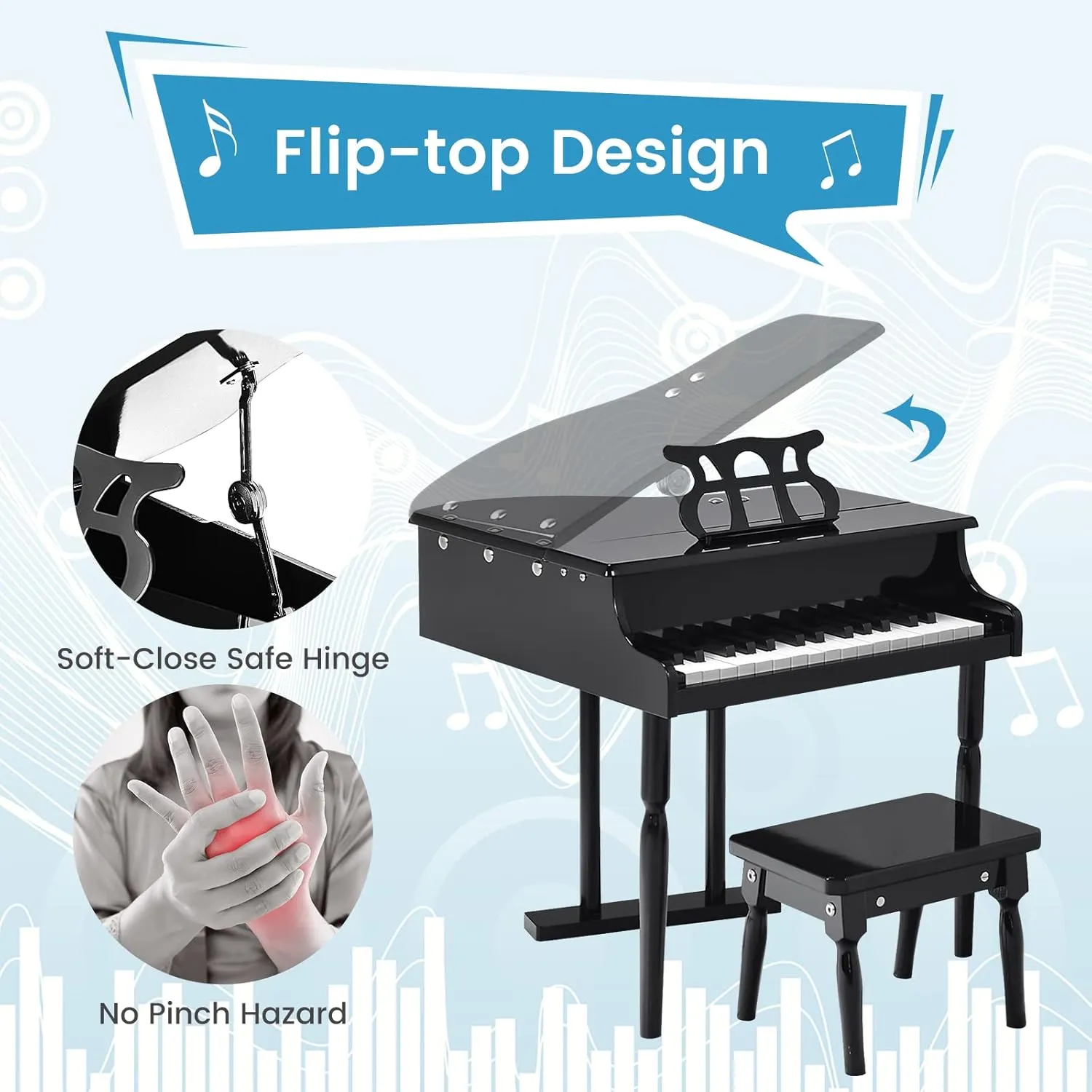 Costzon Classical Kids Piano, 30 Keys Wood Toy Grand Piano with Music Stand and Bench, Mini Musical Toy for Child, Ideal for Children's Room, Toy Room, Best Gifts (Straight Leg, Black)