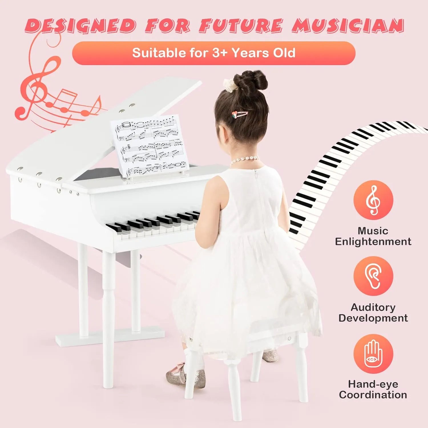 Costzon Classical Kids Piano, 30 Keys Wood Toy Grand Piano with Music Stand and Bench, Mini Musical Toy for Child, Ideal for Children's Room, Toy Room, Best Gifts (Straight Leg, White)