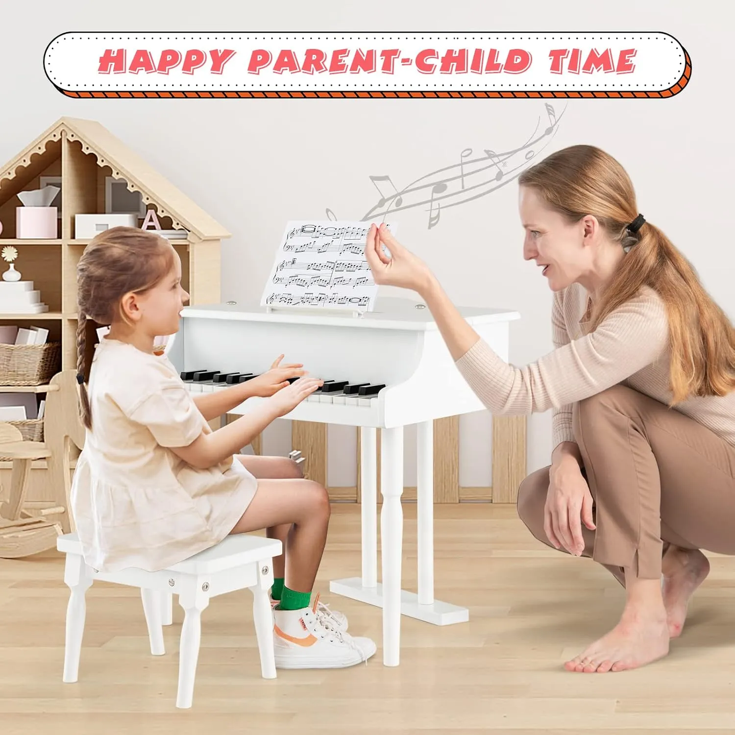 Costzon Classical Kids Piano, 30 Keys Wood Toy Grand Piano with Music Stand and Bench, Mini Musical Toy for Child, Ideal for Children's Room, Toy Room, Best Gifts (Straight Leg, White)