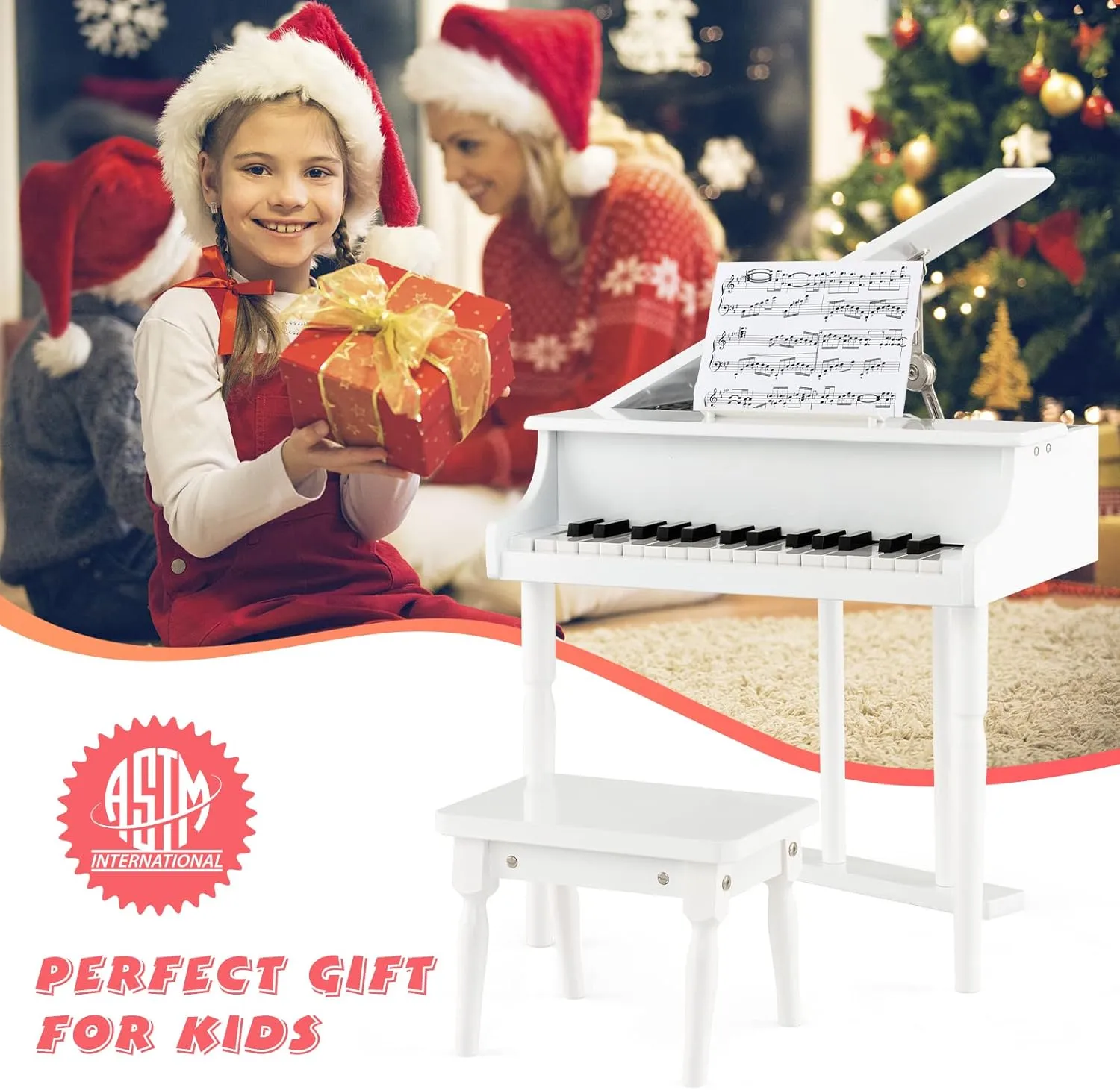 Costzon Classical Kids Piano, 30 Keys Wood Toy Grand Piano with Music Stand and Bench, Mini Musical Toy for Child, Ideal for Children's Room, Toy Room, Best Gifts (Straight Leg, White)