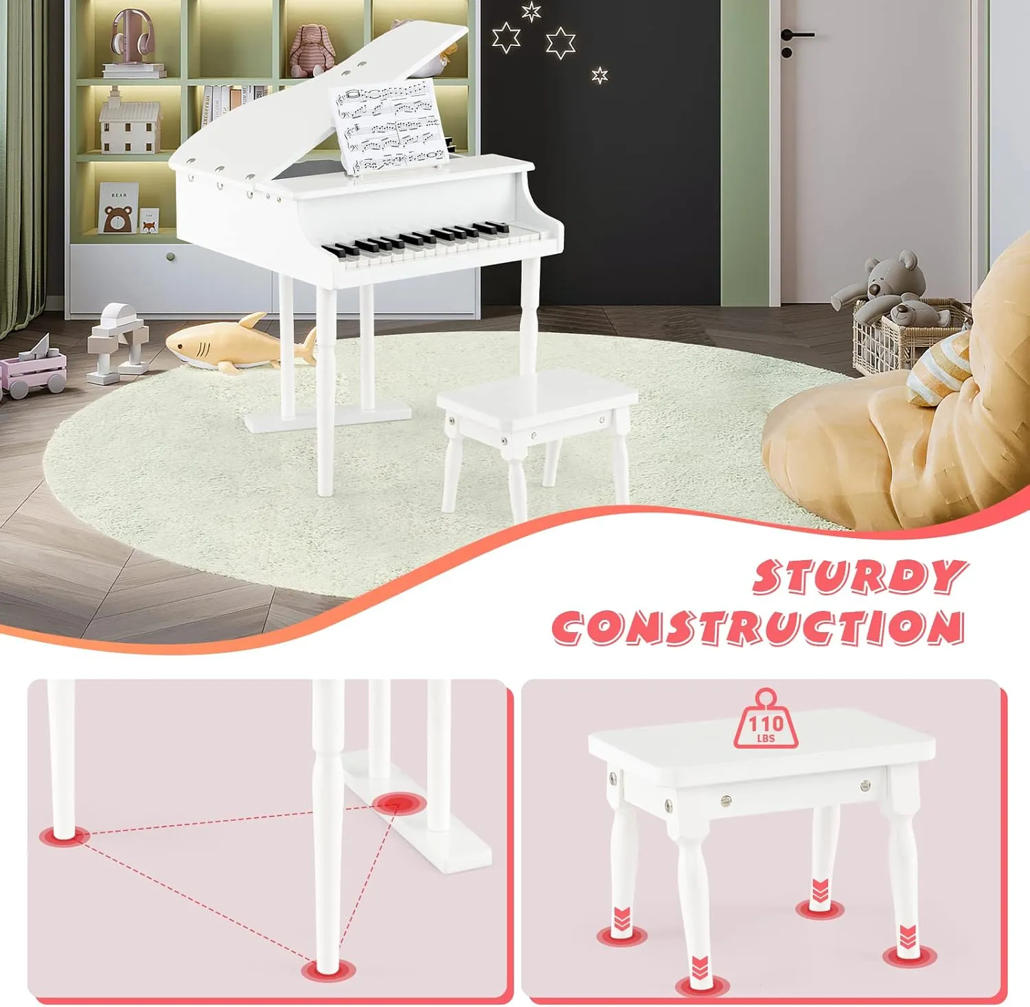 Costzon Classical Kids Piano, 30 Keys Wood Toy Grand Piano with Music Stand and Bench, Mini Musical Toy for Child, Ideal for Children's Room, Toy Room, Best Gifts (Straight Leg, White)