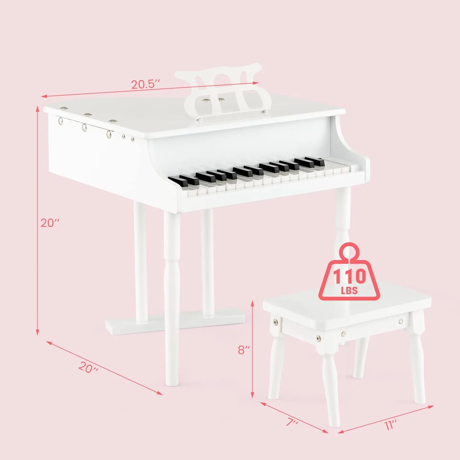 Costzon Classical Kids Piano, 30 Keys Wood Toy Grand Piano with Music Stand and Bench, Mini Musical Toy for Child, Ideal for Children's Room, Toy Room, Best Gifts (Straight Leg, White)
