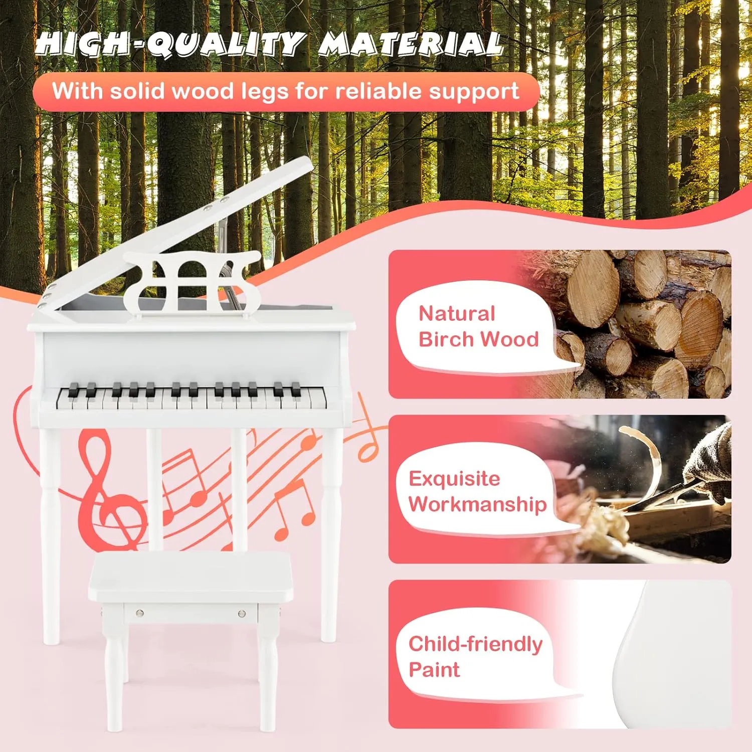 Costzon Classical Kids Piano, 30 Keys Wood Toy Grand Piano with Music Stand and Bench, Mini Musical Toy for Child, Ideal for Children's Room, Toy Room, Best Gifts (Straight Leg, White)