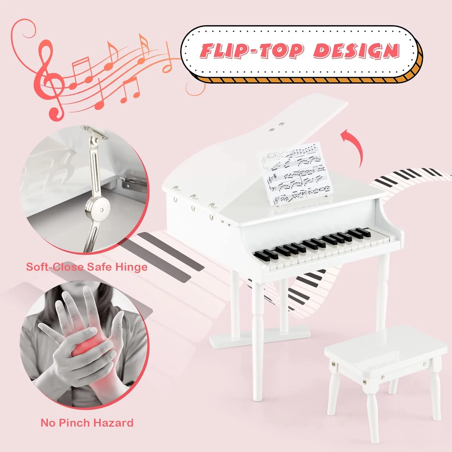 Costzon Classical Kids Piano, 30 Keys Wood Toy Grand Piano with Music Stand and Bench, Mini Musical Toy for Child, Ideal for Children's Room, Toy Room, Best Gifts (Straight Leg, White)
