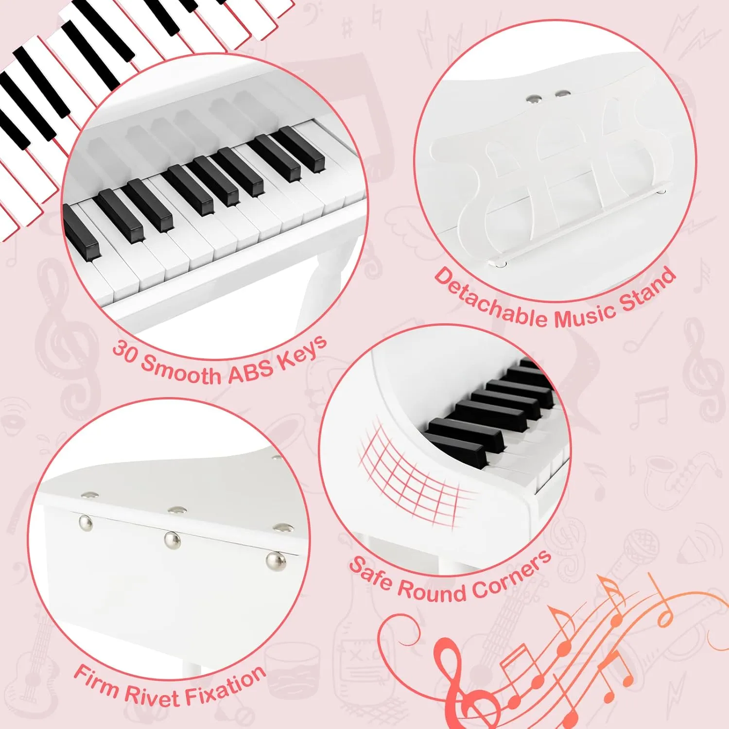 Costzon Classical Kids Piano, 30 Keys Wood Toy Grand Piano with Music Stand and Bench, Mini Musical Toy for Child, Ideal for Children's Room, Toy Room, Best Gifts (Straight Leg, White)