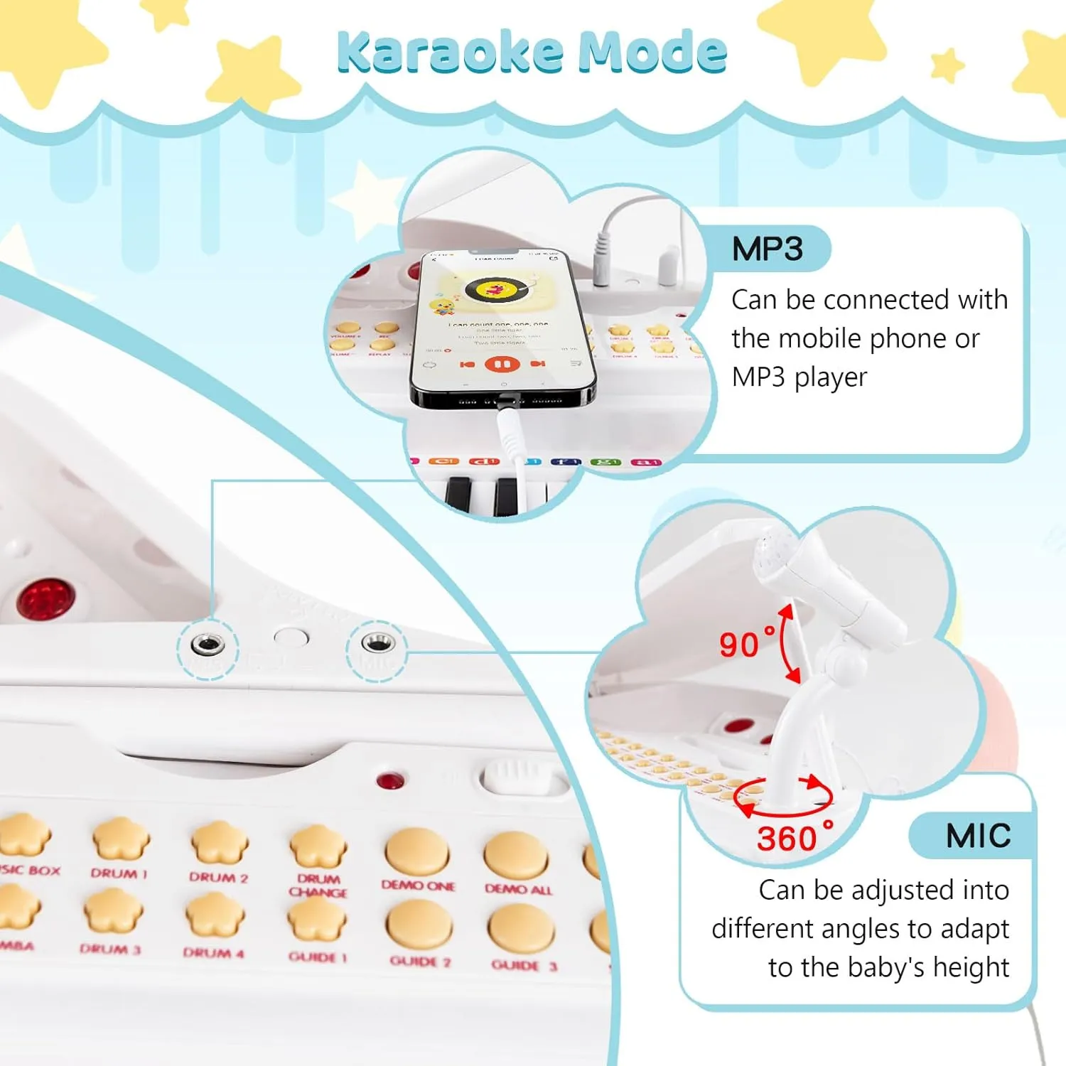 Costzon Kids Piano, 31 Key Mini Grand Piano Toy Keyboard with Microphone, Stool & Lights, Portable Electronic Piano Educational Musical Instrument Toy, Birthday Gift for Toddler Boys Girls (White)