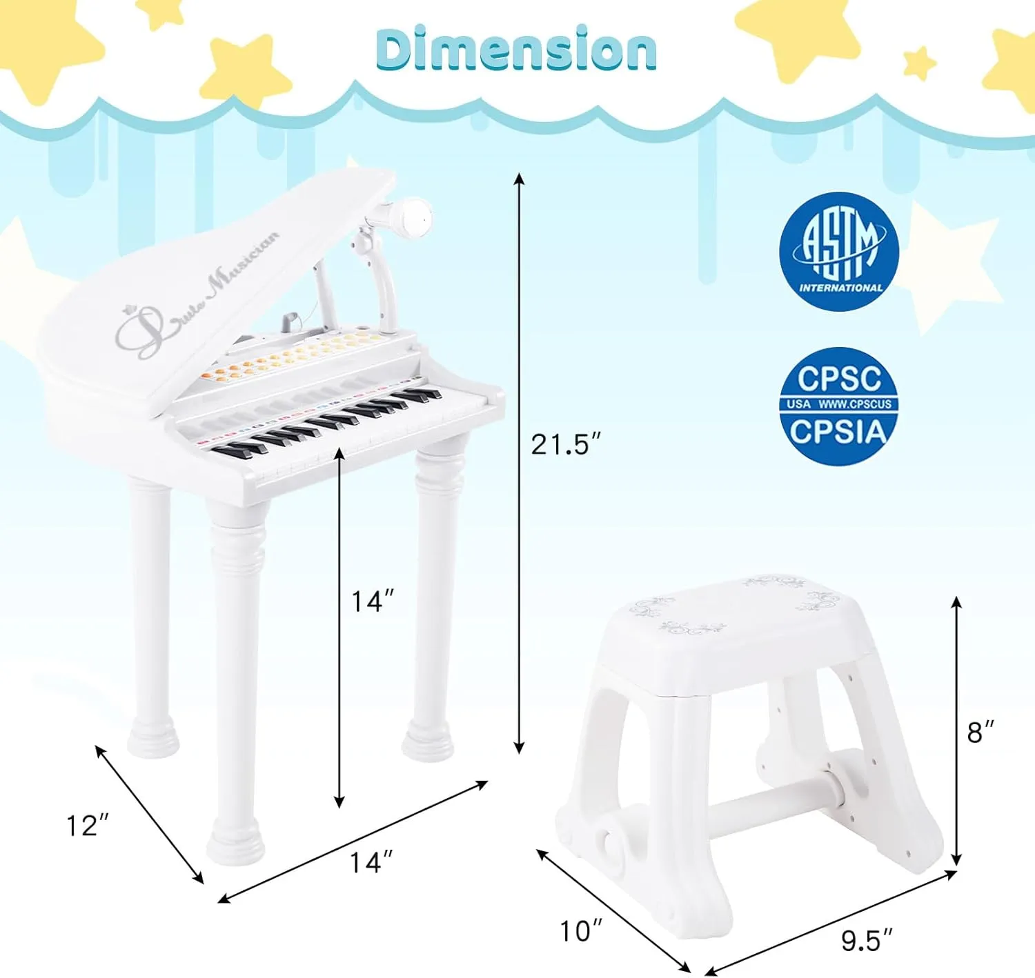 Costzon Kids Piano, 31 Key Mini Grand Piano Toy Keyboard with Microphone, Stool & Lights, Portable Electronic Piano Educational Musical Instrument Toy, Birthday Gift for Toddler Boys Girls (White)
