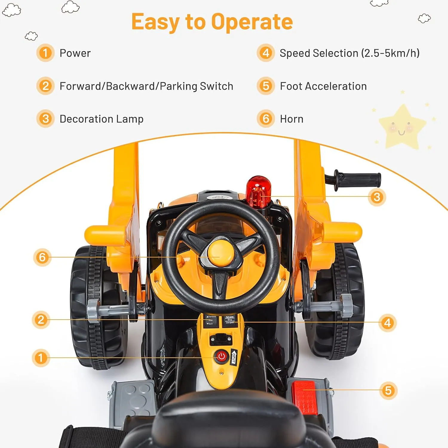 Costzon Ride on Excavator, 12V Battery Powered Construction Vehicles for Kids with Front Loader, Horn, Safety Belt, Treaded Wheels, Ride on Bulldozer Truck, Excavator Ride on Toy Gift for Boys Girls