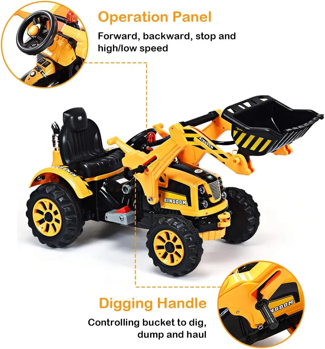 Costzon Ride on Excavator, 12V Battery Powered Construction Vehicles for Kids with Front Loader, Horn, Safety Belt, Treaded Wheels, Ride on Bulldozer Truck, Excavator Ride on Toy Gift for Boys Girls