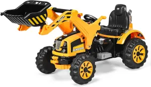 Costzon Ride on Excavator, 12V Battery Powered Construction Vehicles for Kids with Front Loader, Horn, Safety Belt, Treaded Wheels, Ride on Bulldozer Truck, Excavator Ride on Toy Gift for Boys Girls