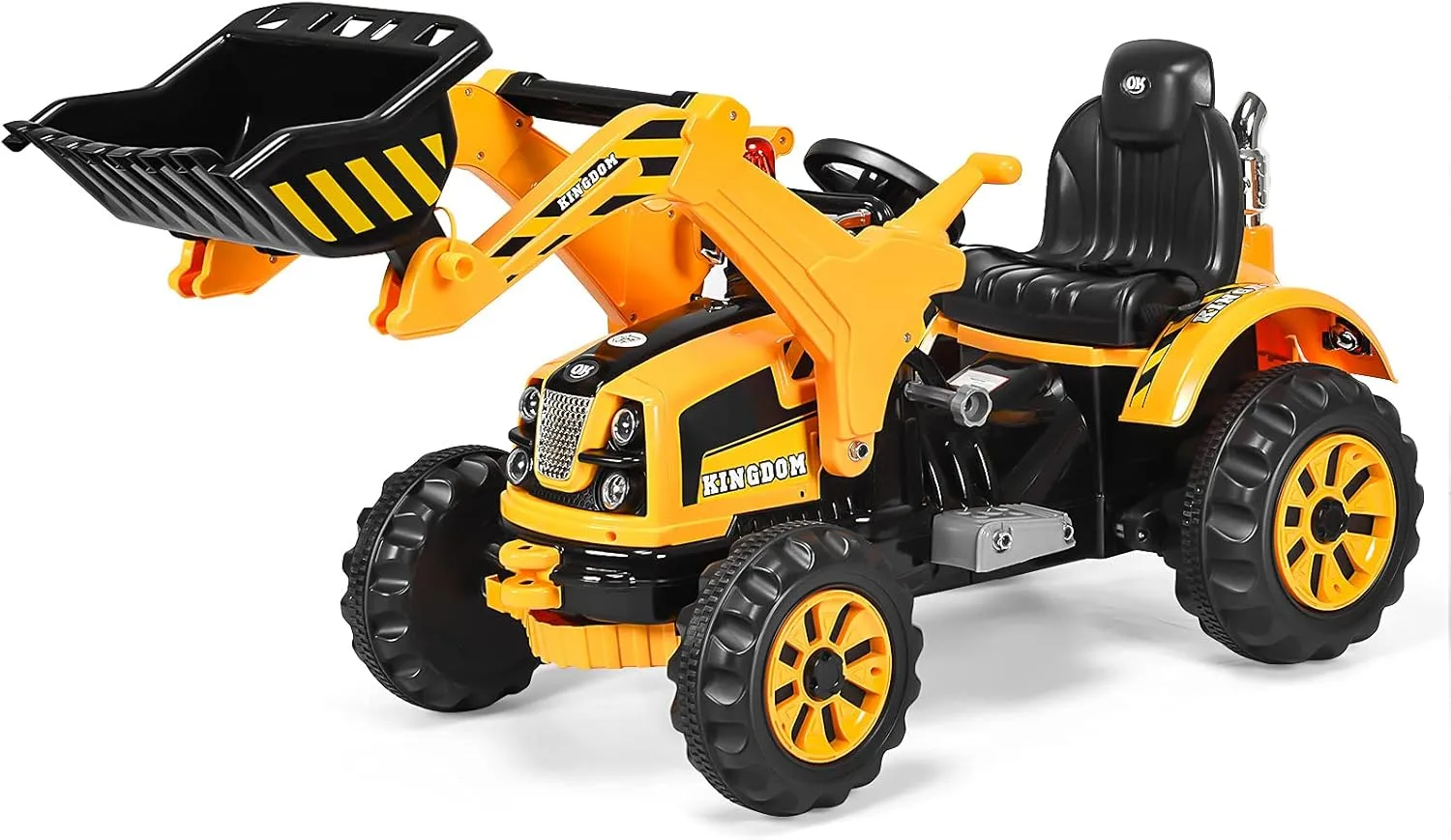 Costzon Ride on Excavator, 12V Battery Powered Construction Vehicles for Kids with Front Loader, Horn, Safety Belt, Treaded Wheels, Ride on Bulldozer Truck, Excavator Ride on Toy Gift for Boys Girls