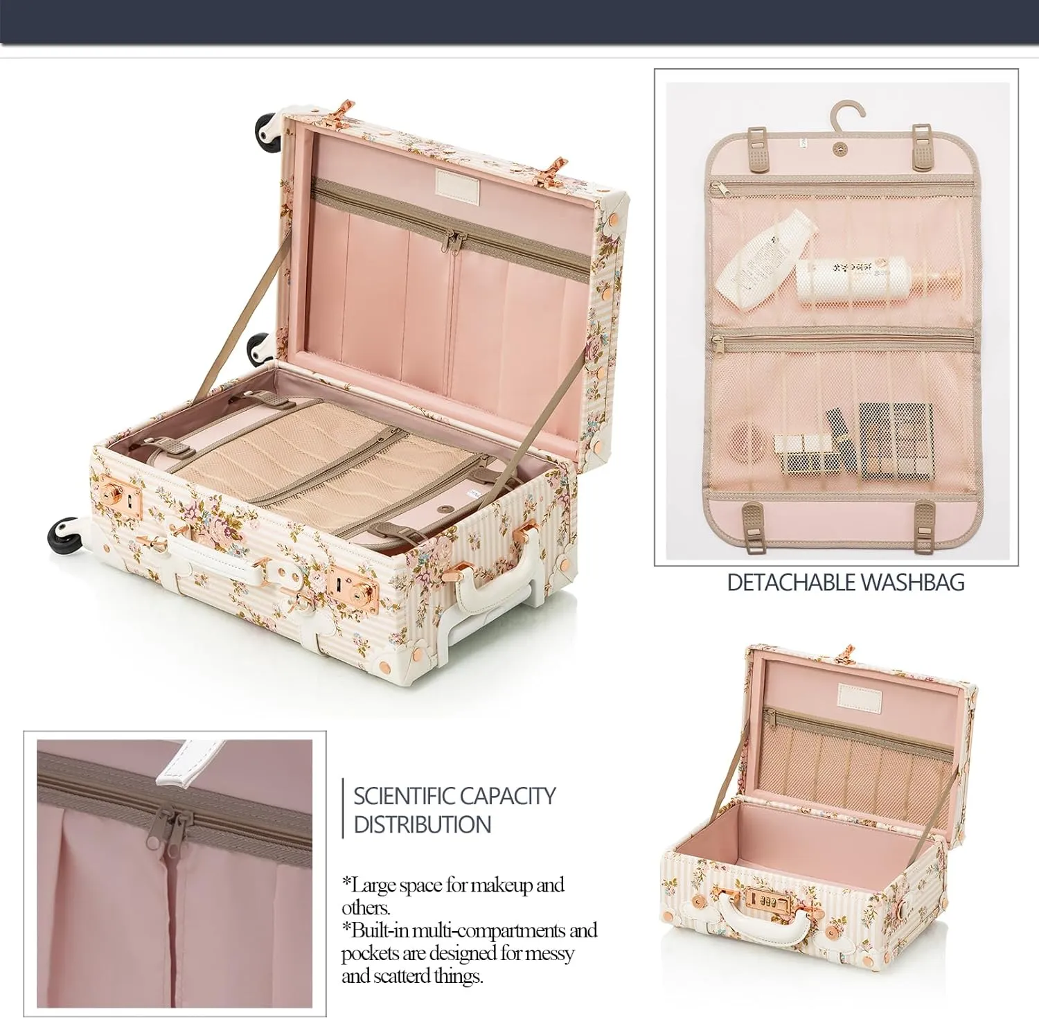 COTRUNKAGE Desinger Vintage Suitcase Set for Women, Floral Carry On Luggage with Wheels and Train Case, Beige, 2 Piece(13/20in), TSA-Approved