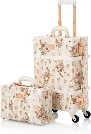 COTRUNKAGE Desinger Vintage Suitcase Set for Women, Floral Carry On Luggage with Wheels and Train Case, Beige, 2 Piece(13/20in), TSA-Approved