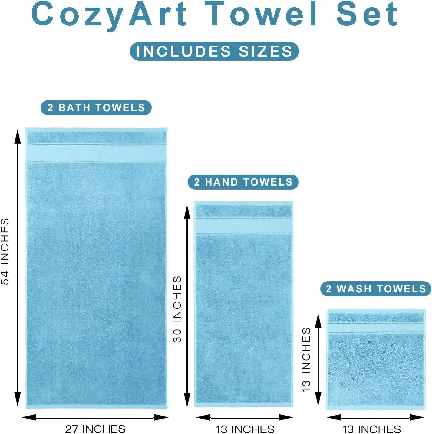 COZYART Sky Blue Bath Towels Set 6 Piece, 2 Bath Towels 2 Hand Towels 2 Washcloths, Luxury 100% Turkish Cotton 650GSM Hotel Quality, Soft, Absorbent, Towel Sets for Bathroom