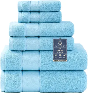 COZYART Sky Blue Bath Towels Set 6 Piece, 2 Bath Towels 2 Hand Towels 2 Washcloths, Luxury 100% Turkish Cotton 650GSM Hotel Quality, Soft, Absorbent, Towel Sets for Bathroom